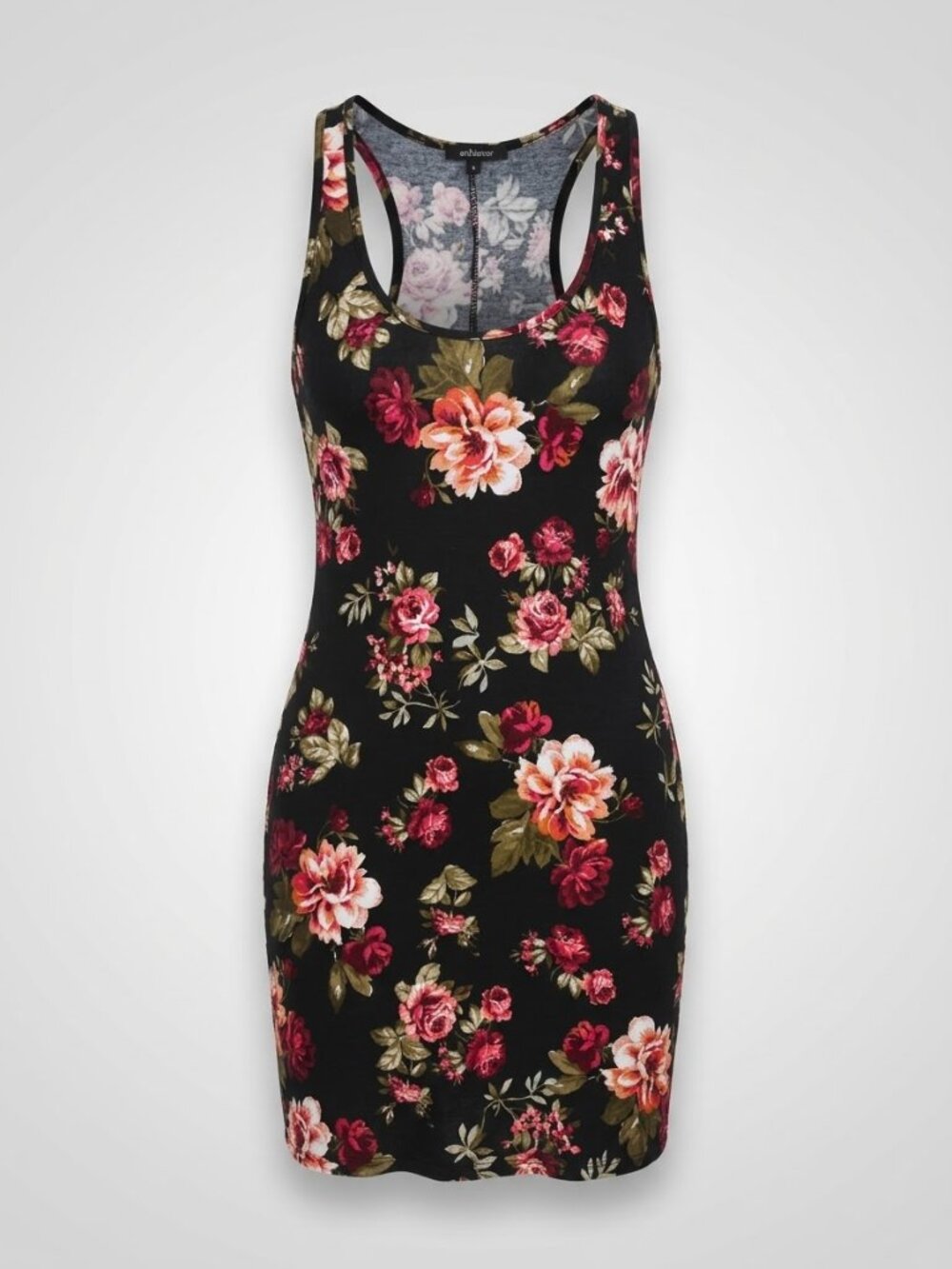Black Floral Print Bodycon Cotton Dress, Ambiance Size L